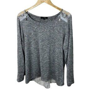 Sloane & Sadie Grey Lace‎ Back Shoulder Zipper Knit Stretch Sweater Size Large L